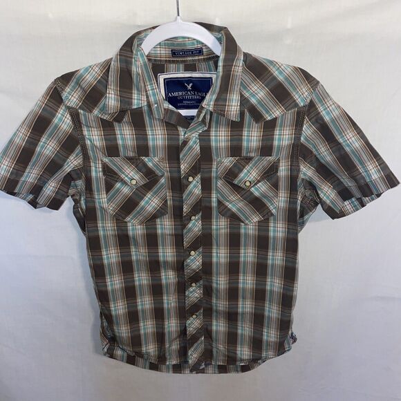 American Eagle Outfitters Western Shirt Men’s Size XS Brown Striped Pearl Snaps - Picture 1 of 12
